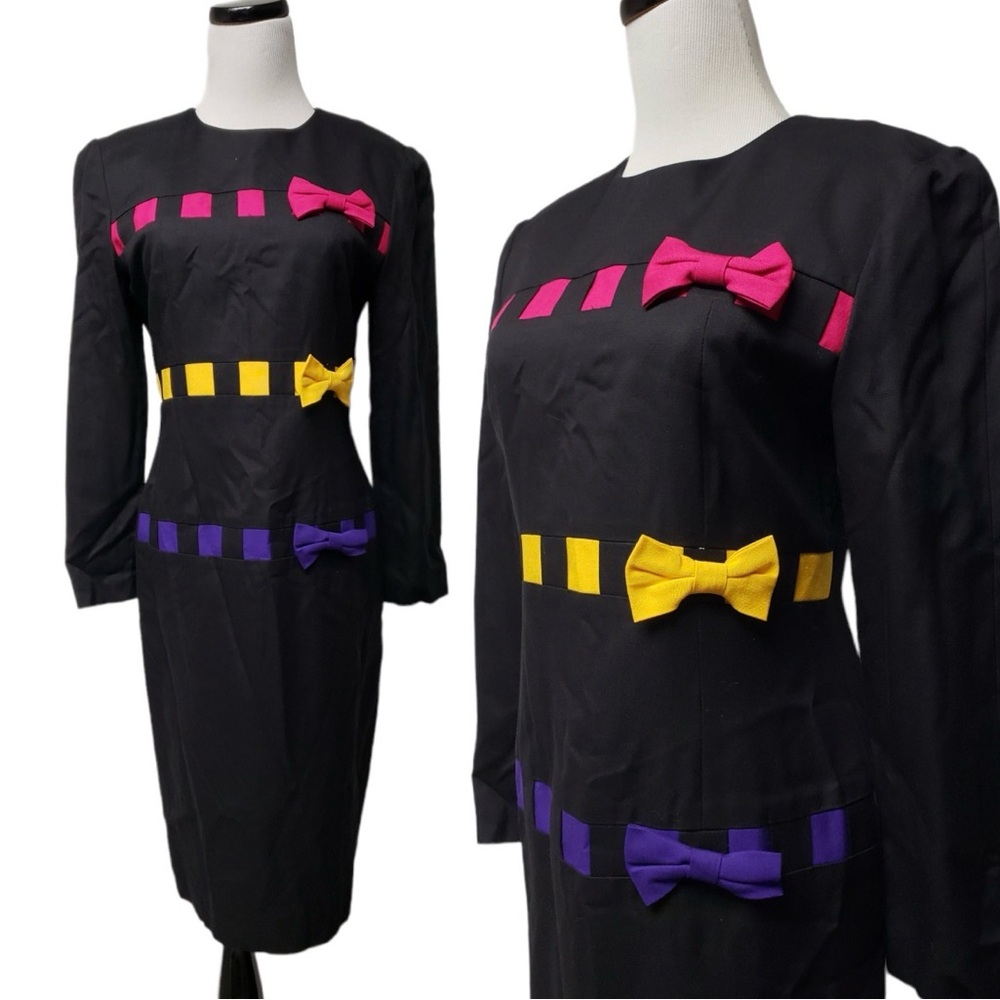 Sante Fe by Jim Tremblay Pink Yellow Green Ribbons & Bows Black Sheath Dress - Picture 2 of 7